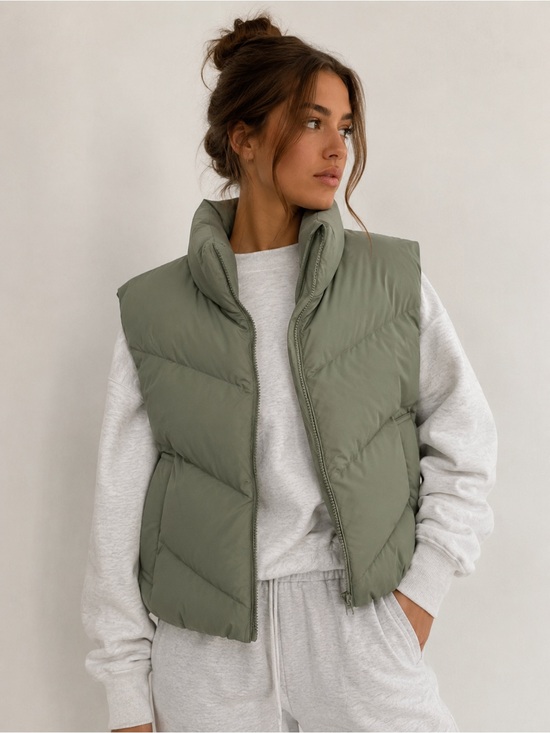 2 Bella Jackets & Blazers - 2 Bella Olive Green Cropped Puffer Vest Size Large Minimalist